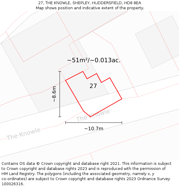 27, THE KNOWLE, SHEPLEY, HUDDERSFIELD, HD8 8EA: Plot and title map