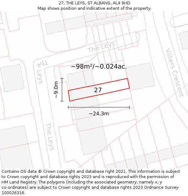 27, THE LEYS, ST ALBANS, AL4 9HD: Plot and title map