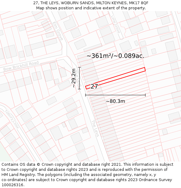 27, THE LEYS, WOBURN SANDS, MILTON KEYNES, MK17 8QF: Plot and title map