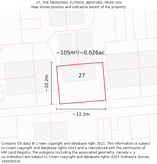 27, THE MEADOWS, FLITWICK, BEDFORD, MK45 1XG: Plot and title map
