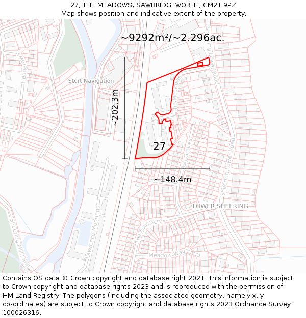 27, THE MEADOWS, SAWBRIDGEWORTH, CM21 9PZ: Plot and title map