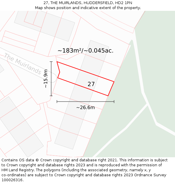 27, THE MUIRLANDS, HUDDERSFIELD, HD2 1PN: Plot and title map