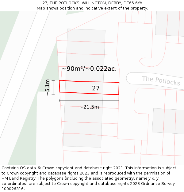 27, THE POTLOCKS, WILLINGTON, DERBY, DE65 6YA: Plot and title map