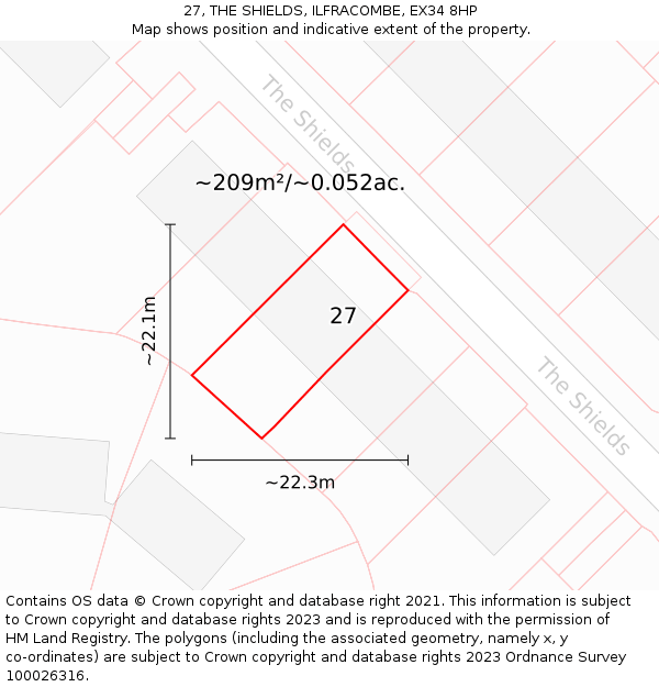 27, THE SHIELDS, ILFRACOMBE, EX34 8HP: Plot and title map