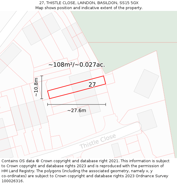 27, THISTLE CLOSE, LAINDON, BASILDON, SS15 5GX: Plot and title map