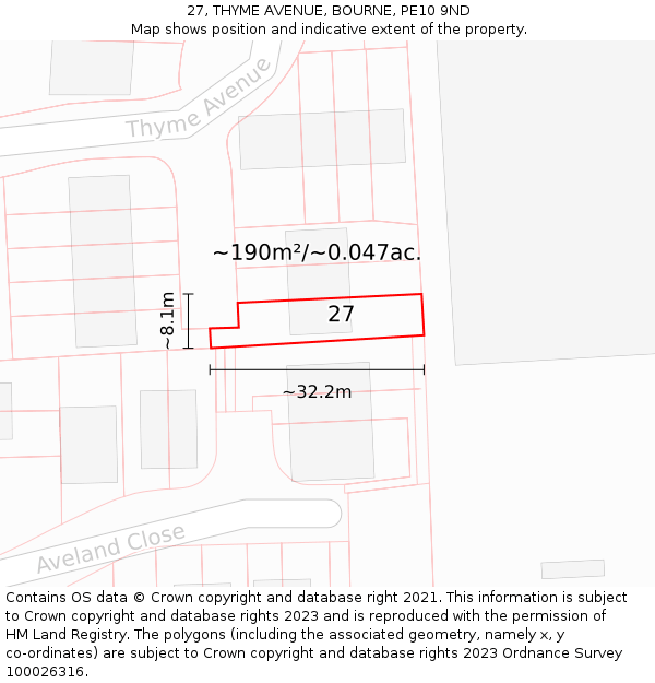 27, THYME AVENUE, BOURNE, PE10 9ND: Plot and title map