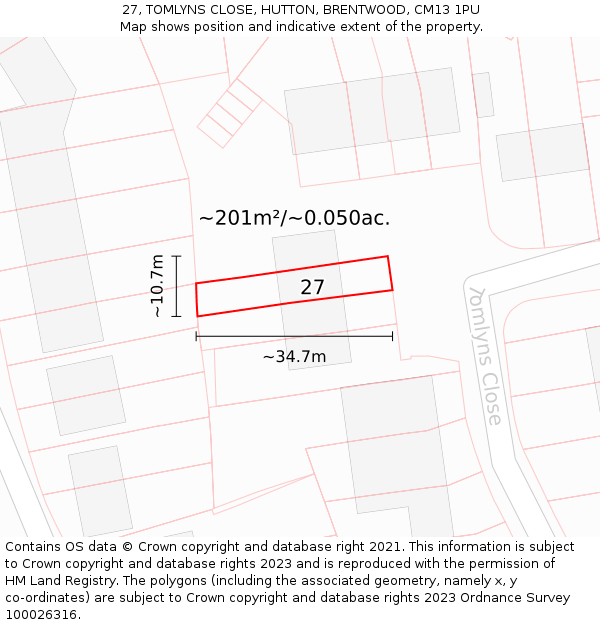 27, TOMLYNS CLOSE, HUTTON, BRENTWOOD, CM13 1PU: Plot and title map