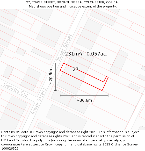 27, TOWER STREET, BRIGHTLINGSEA, COLCHESTER, CO7 0AL: Plot and title map