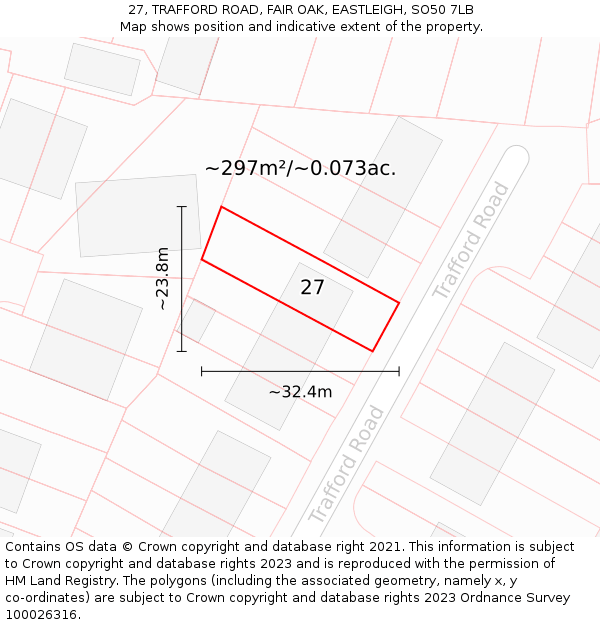 27, TRAFFORD ROAD, FAIR OAK, EASTLEIGH, SO50 7LB: Plot and title map