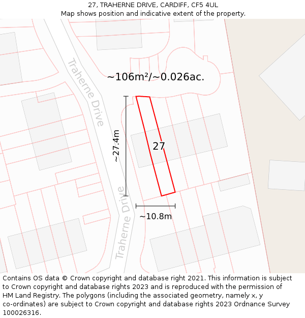 27, TRAHERNE DRIVE, CARDIFF, CF5 4UL: Plot and title map