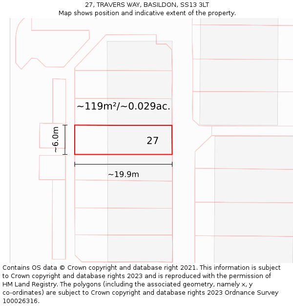 27, TRAVERS WAY, BASILDON, SS13 3LT: Plot and title map