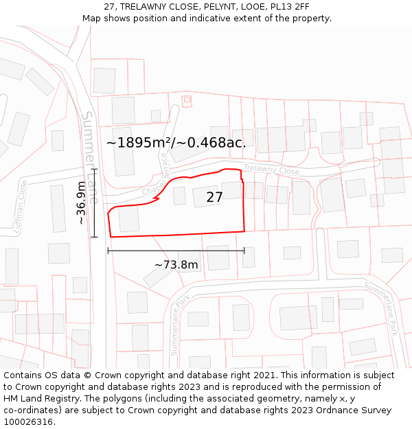 27, TRELAWNY CLOSE, PELYNT, LOOE, PL13 2FF: Plot and title map