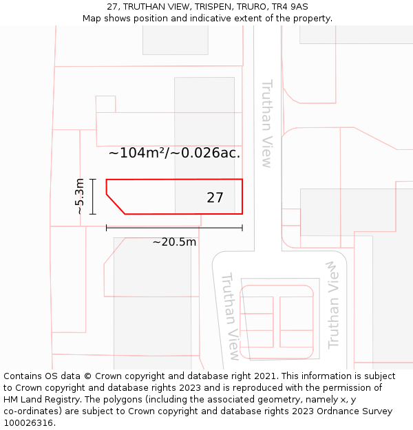 27, TRUTHAN VIEW, TRISPEN, TRURO, TR4 9AS: Plot and title map