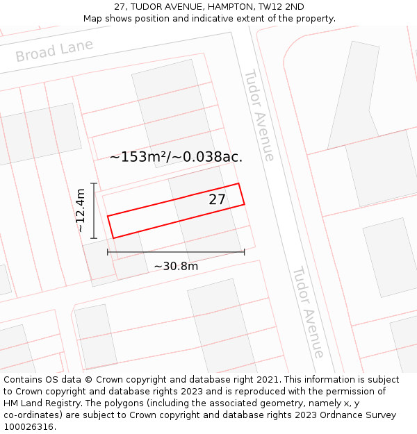27, TUDOR AVENUE, HAMPTON, TW12 2ND: Plot and title map