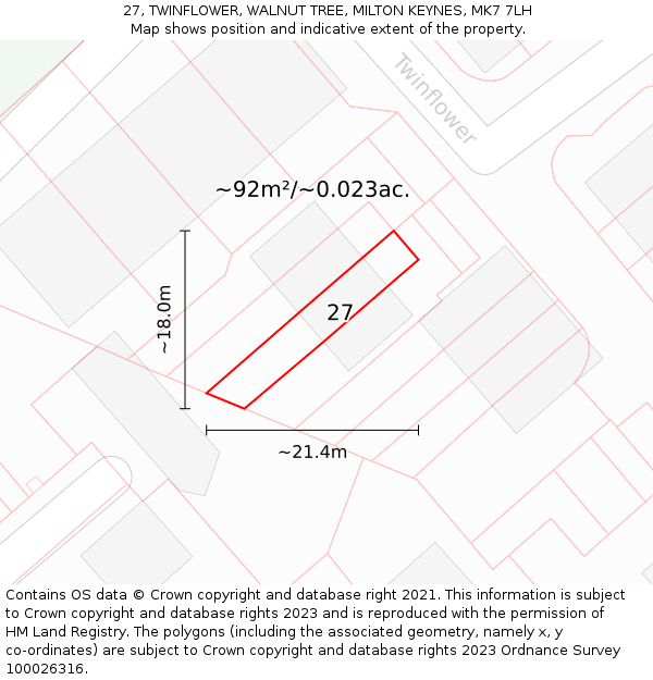 27, TWINFLOWER, WALNUT TREE, MILTON KEYNES, MK7 7LH: Plot and title map