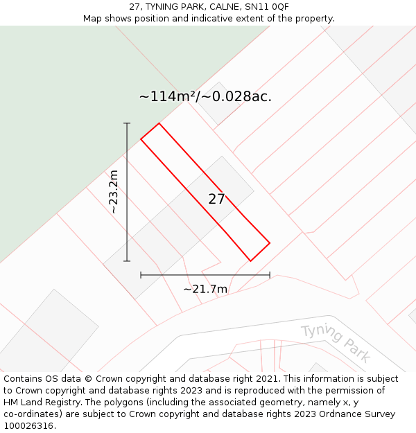 27, TYNING PARK, CALNE, SN11 0QF: Plot and title map