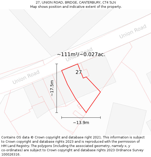 27, UNION ROAD, BRIDGE, CANTERBURY, CT4 5LN: Plot and title map