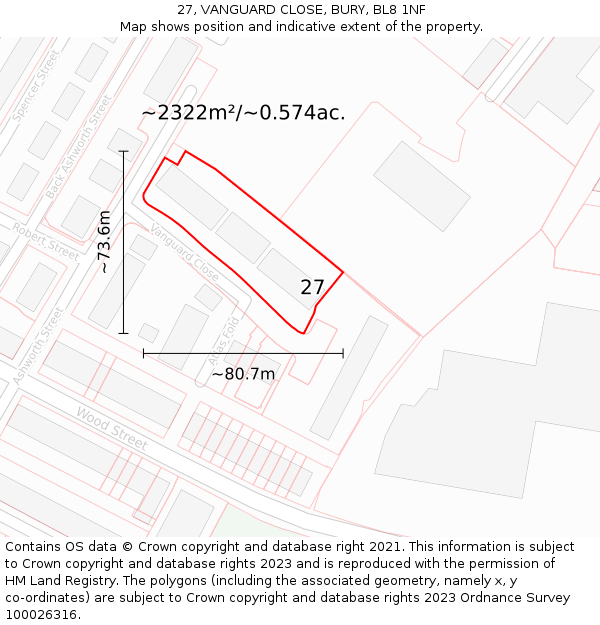 27, VANGUARD CLOSE, BURY, BL8 1NF: Plot and title map