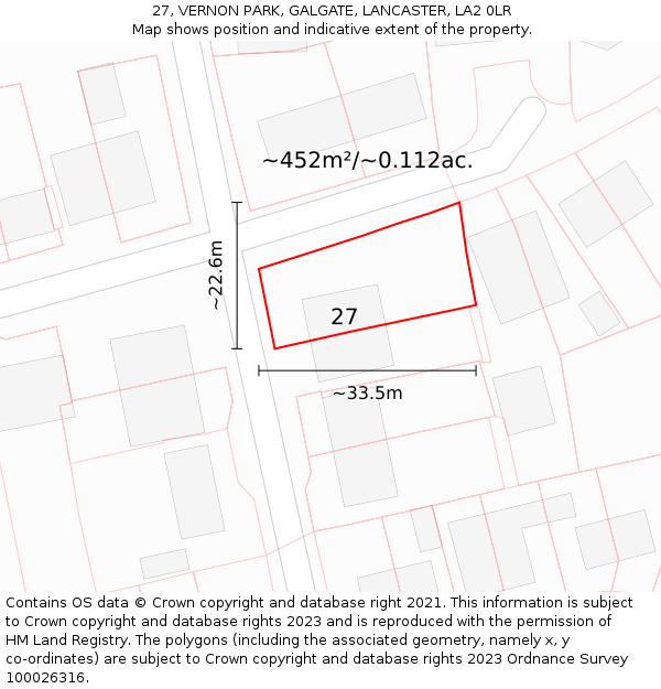 27, VERNON PARK, GALGATE, LANCASTER, LA2 0LR: Plot and title map