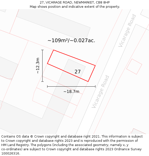 27, VICARAGE ROAD, NEWMARKET, CB8 8HP: Plot and title map