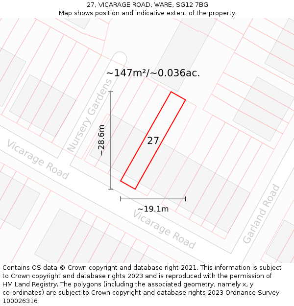 27, VICARAGE ROAD, WARE, SG12 7BG: Plot and title map