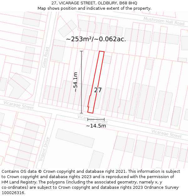 27, VICARAGE STREET, OLDBURY, B68 8HQ: Plot and title map