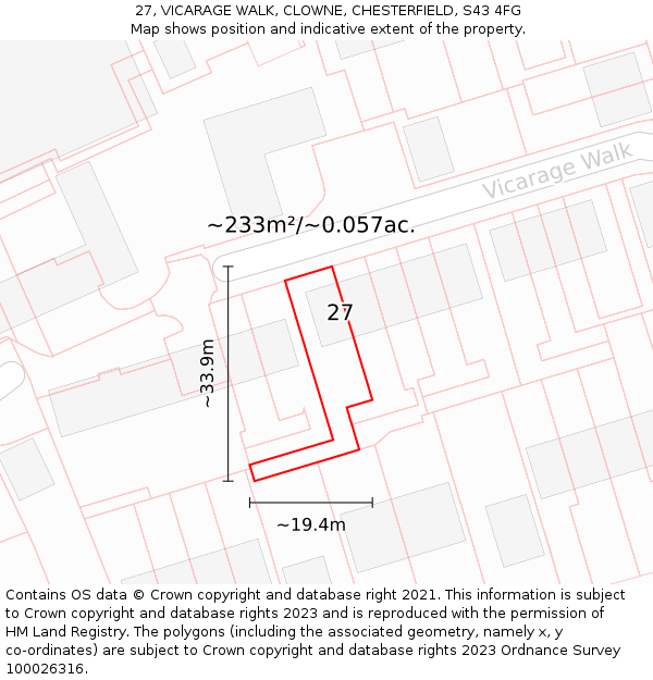 27, VICARAGE WALK, CLOWNE, CHESTERFIELD, S43 4FG: Plot and title map