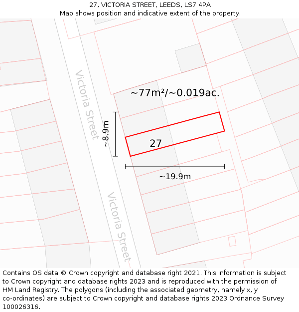 27, VICTORIA STREET, LEEDS, LS7 4PA: Plot and title map