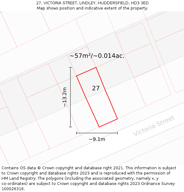 27, VICTORIA STREET, LINDLEY, HUDDERSFIELD, HD3 3ED: Plot and title map