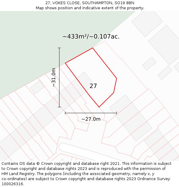 27, VOKES CLOSE, SOUTHAMPTON, SO19 8BN: Plot and title map