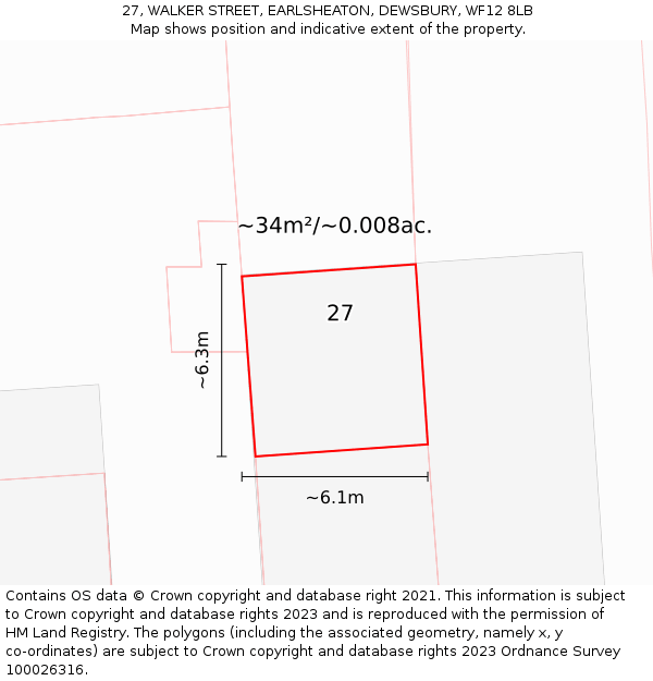 27, WALKER STREET, EARLSHEATON, DEWSBURY, WF12 8LB: Plot and title map