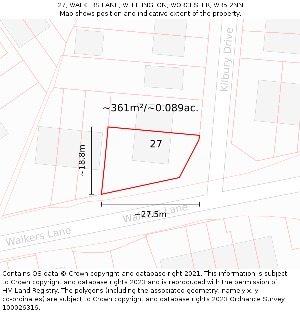 27, WALKERS LANE, WHITTINGTON, WORCESTER, WR5 2NN: Plot and title map