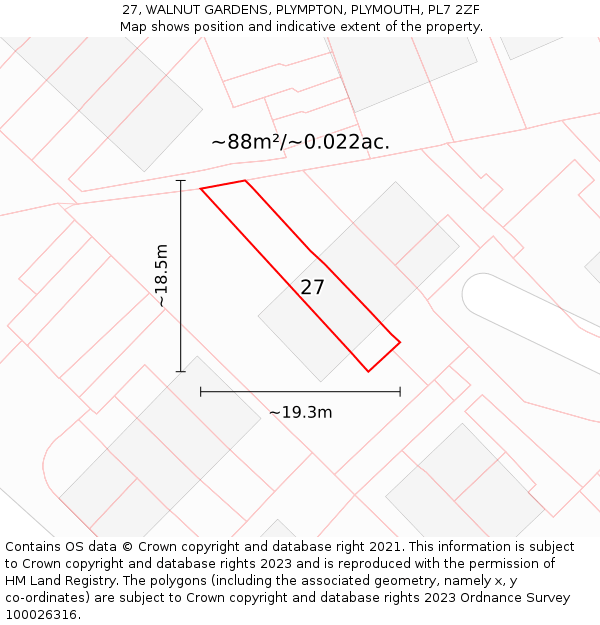 27, WALNUT GARDENS, PLYMPTON, PLYMOUTH, PL7 2ZF: Plot and title map