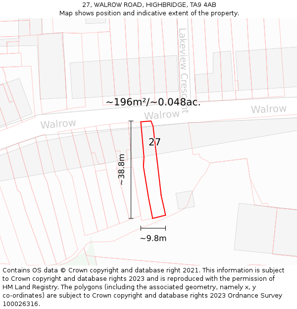 27, WALROW ROAD, HIGHBRIDGE, TA9 4AB: Plot and title map