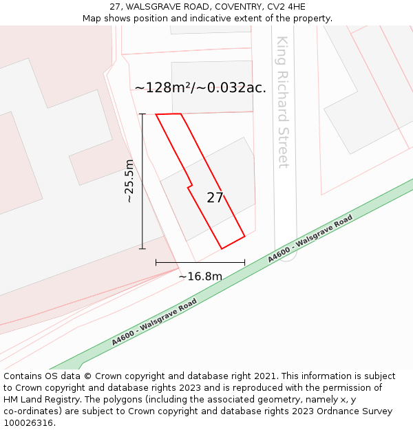 27, WALSGRAVE ROAD, COVENTRY, CV2 4HE: Plot and title map