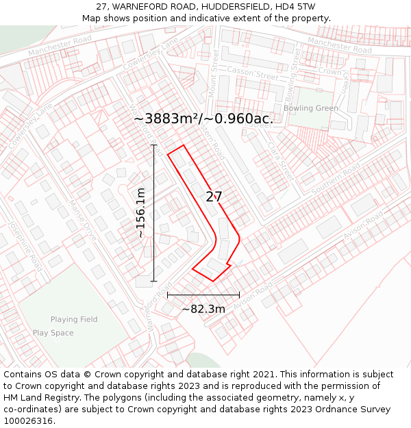 27, WARNEFORD ROAD, HUDDERSFIELD, HD4 5TW: Plot and title map