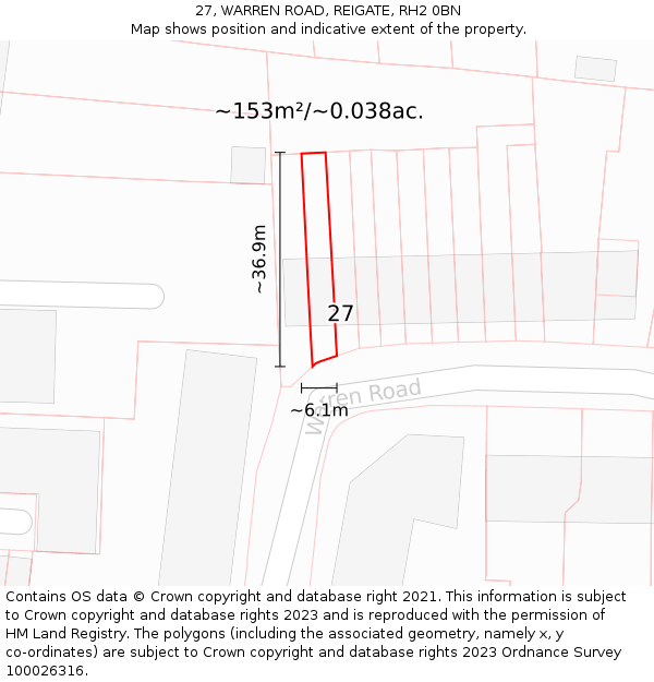 27, WARREN ROAD, REIGATE, RH2 0BN: Plot and title map