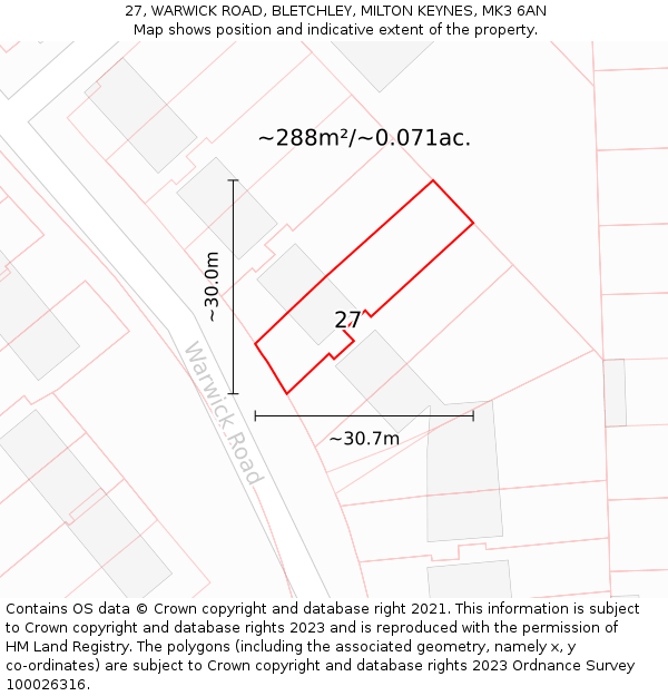 27, WARWICK ROAD, BLETCHLEY, MILTON KEYNES, MK3 6AN: Plot and title map