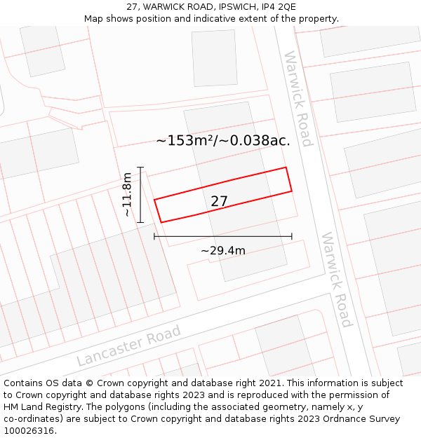 27, WARWICK ROAD, IPSWICH, IP4 2QE: Plot and title map