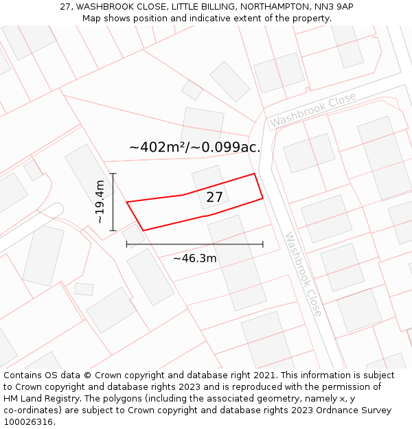 27, WASHBROOK CLOSE, LITTLE BILLING, NORTHAMPTON, NN3 9AP: Plot and title map