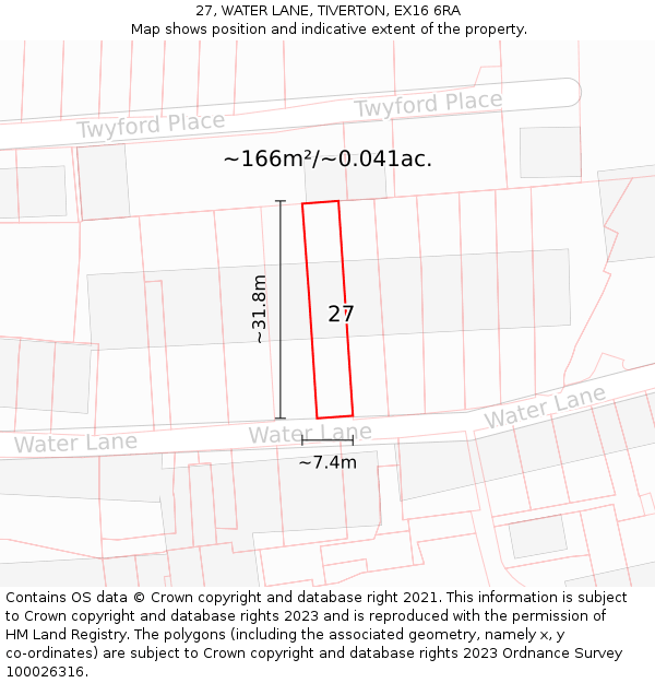 27, WATER LANE, TIVERTON, EX16 6RA: Plot and title map