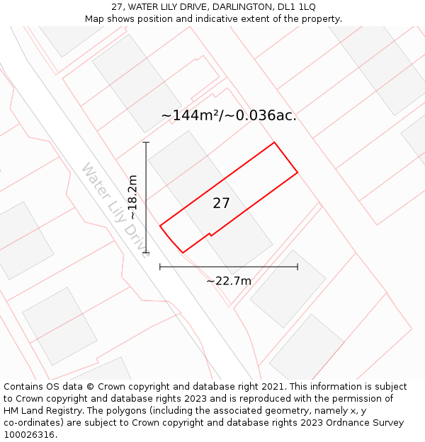 27, WATER LILY DRIVE, DARLINGTON, DL1 1LQ: Plot and title map