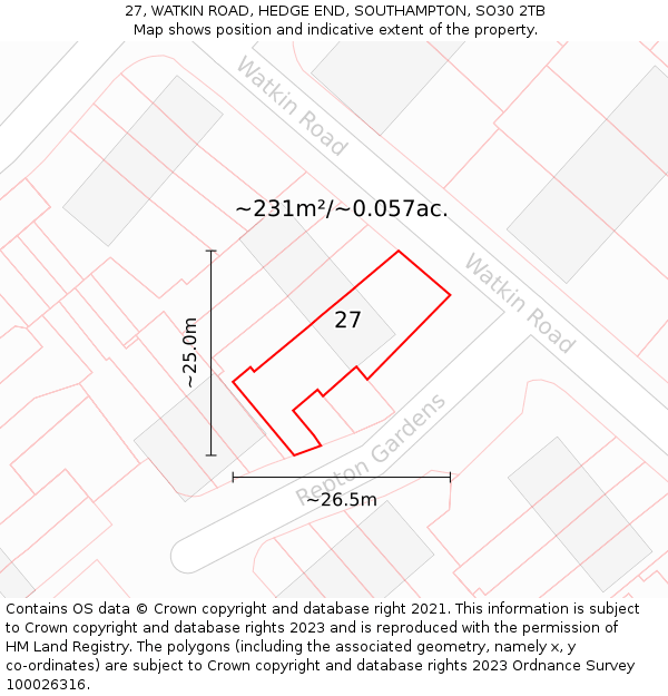27, WATKIN ROAD, HEDGE END, SOUTHAMPTON, SO30 2TB: Plot and title map