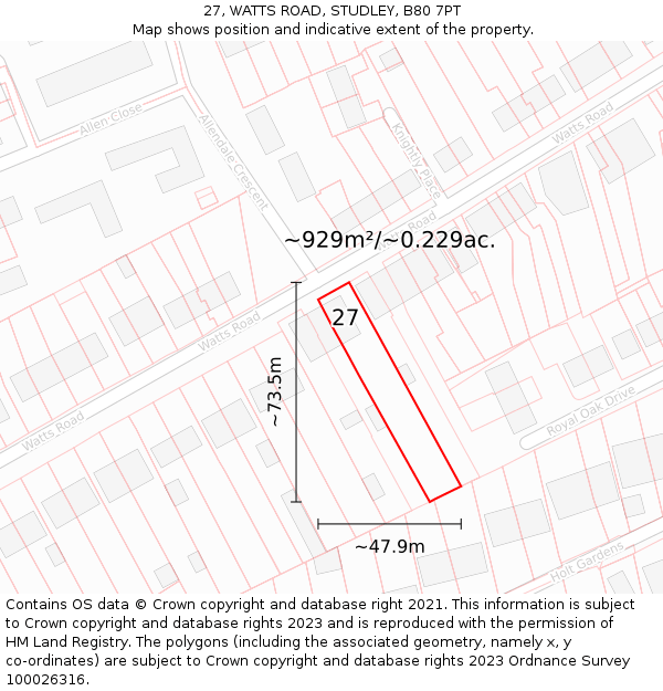 27, WATTS ROAD, STUDLEY, B80 7PT: Plot and title map