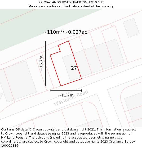 27, WAYLANDS ROAD, TIVERTON, EX16 6UT: Plot and title map