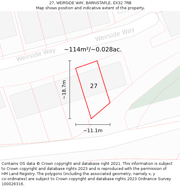 27, WEIRSIDE WAY, BARNSTAPLE, EX32 7RB: Plot and title map