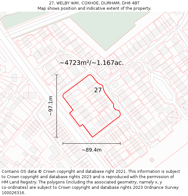 27, WELBY WAY, COXHOE, DURHAM, DH6 4BT: Plot and title map