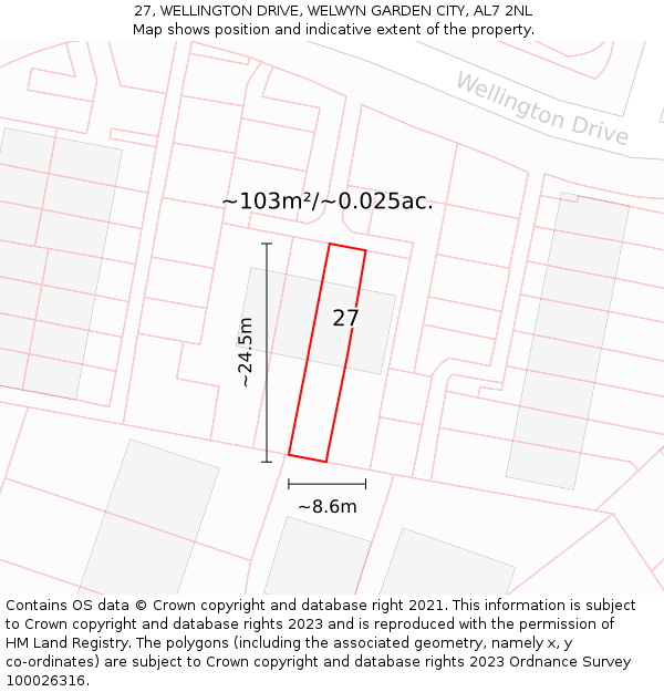 27, WELLINGTON DRIVE, WELWYN GARDEN CITY, AL7 2NL: Plot and title map