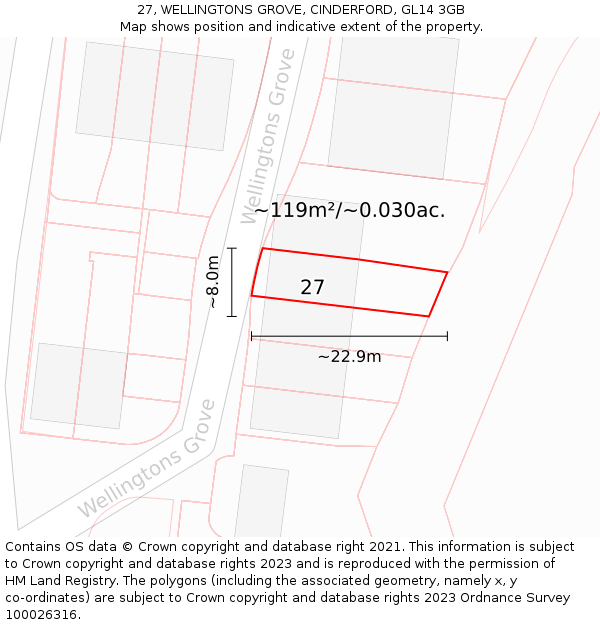 27, WELLINGTONS GROVE, CINDERFORD, GL14 3GB: Plot and title map