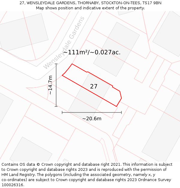 27, WENSLEYDALE GARDENS, THORNABY, STOCKTON-ON-TEES, TS17 9BN: Plot and title map